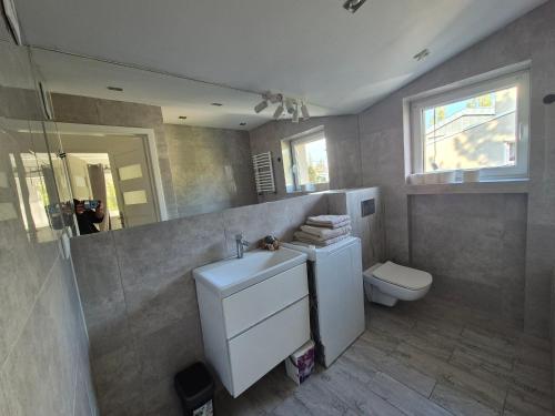 een badkamer met een wastafel, een toilet en een spiegel bij Apartament Brzechwy in Poznań