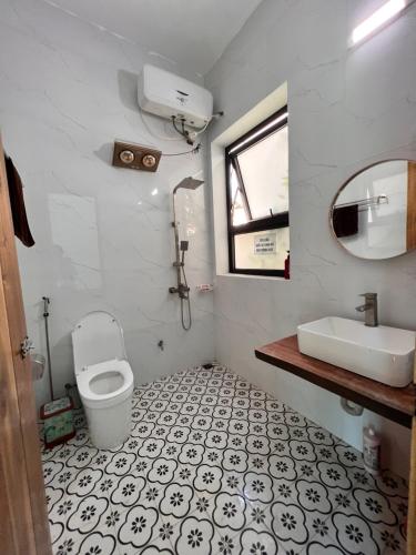 a bathroom with a toilet and a sink and a mirror at Hoà Hoa villa Ninh binh in Ninh Binh