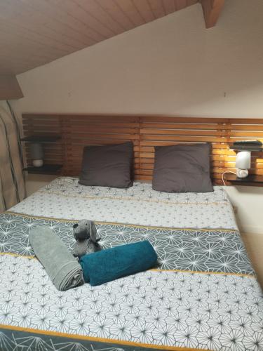 un chien dormant sur le lit dans l'établissement Au mouillage, appartement 2 pièces plage de Pontaillac, à Vaux-sur-Mer