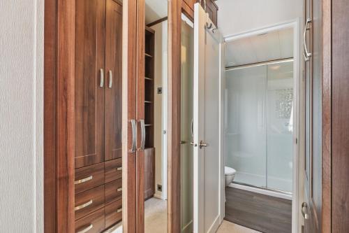 a bathroom with wooden cabinets and a toilet at Cormorant - Luxury Lodge Close to the Beach in Tenby