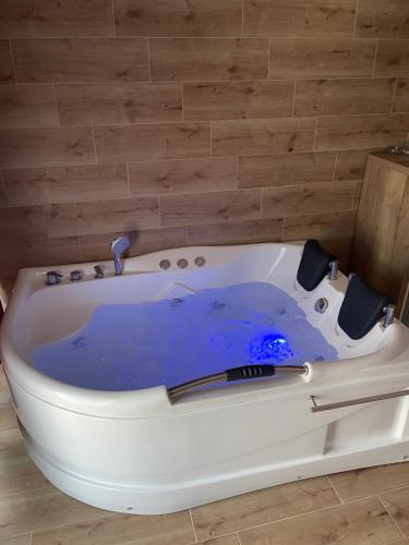 a bath tub filled with blue water in a bathroom at Apartmani Vidikovac in Prijepolje