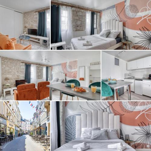 un collage de photos d'une chambre d'hôtel dans l'établissement La Perle de Pontoise - studio proche Paris JO Paris 2024, à Pontoise