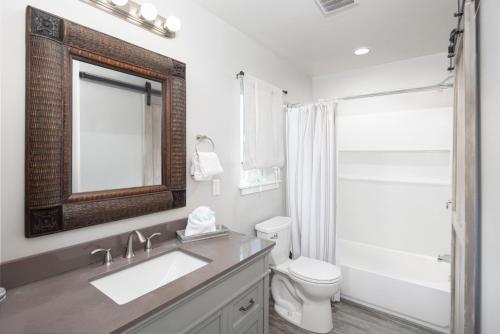 ein Badezimmer mit einem Waschbecken, einem WC und einem Spiegel in der Unterkunft 1203 Russ Court in Arroyo Grande
