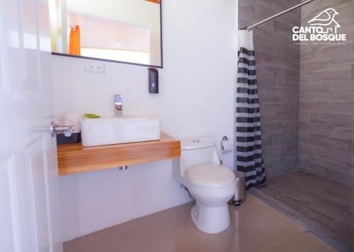 a bathroom with a toilet and a sink and a shower at Canto Del Bosque in San Vito