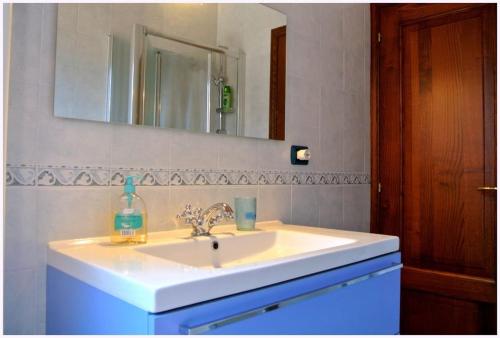 un lavandino in bagno con una bottiglia di sapone di “Il Nespolino” Tuscan Country House a Siena