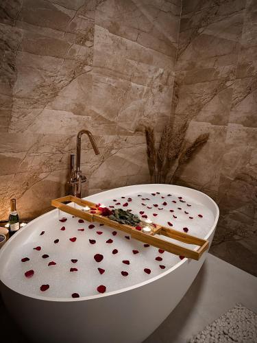 a bathroom with a bath tub with red hearts on it at Apartament Perła - Zator Energylandia in Zator