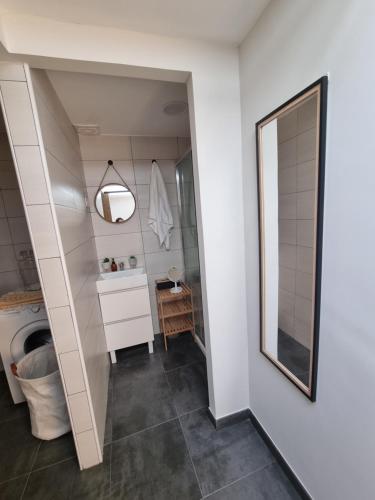 a bathroom with a mirror and a sink at Casiña Ermi in Porriño