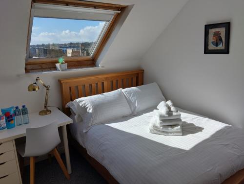 um quarto com uma cama, uma secretária e uma janela em Heart of City Centre Stunning View em Galway