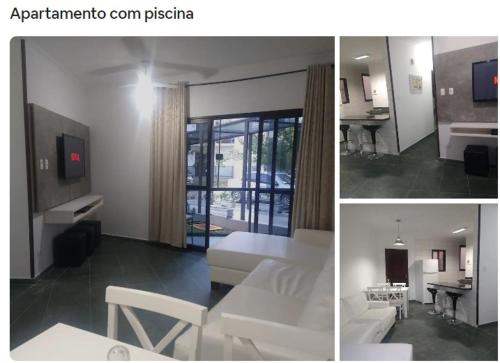 2 Bilder von einem Wohnzimmer und einem Zimmer mit einem Sofa in der Unterkunft Condomínio Buritis Centro de Bertioga a 100Mts da praia in Bertioga