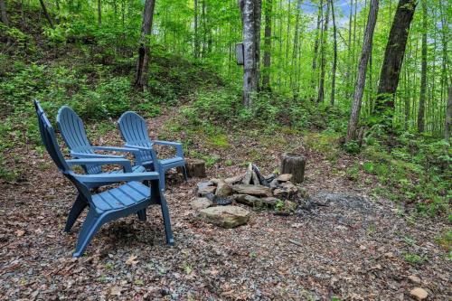 two chairs sitting next to a fire in the woods at Lakefront Cabin Bordering Nat Park with Hot Tub! cabin in Turtletown