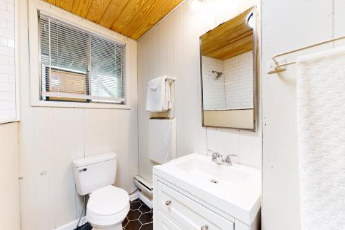 Un baño con inodoro, lavabo y espejo. en Nantahala Lake Hideout, en Topton