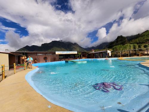 une grande piscine avec une personne dans l'eau dans l'établissement Hotel Pueblo del mundo, à Baños