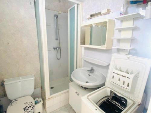 une salle de bain avec un lavabo, des toilettes et une douche dans l'établissement Studio cosy avec balcon, parking privé, proche thermes et centre ville, à Amélie-les-Bains - FR-1-703-177, à Amélie-les-Bains-Palalda