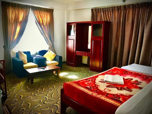 New Ashley Resorts (PVT) LTD في نوارا إليا: غرفة في الفندق بسرير وكرسي وأريكة