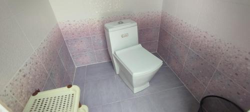 een badkamer met een toilet in een roze betegelde muur bij Guest house on Akmatbai-Ata 29 in Cholpon-Ata
