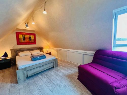 - une chambre avec un lit et un canapé violet dans l'établissement Quiberon - Studio + Mezzanine 4 pers, Piscine, Parking - FR-1-478-284, à Quiberon