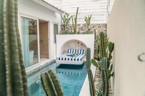 a house with a swimming pool with cactus at Aleva Villa Seminyak by Ini Vie Hospitality in Seminyak