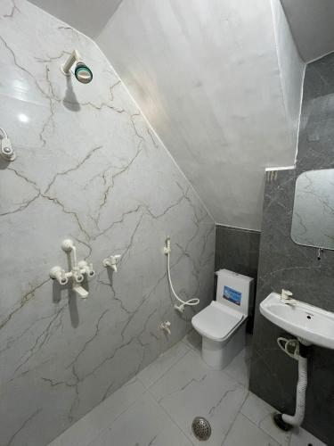 a bathroom with a toilet and a sink at Rukmani Villas in Mathura