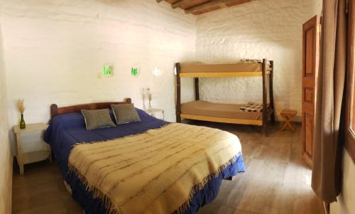 um quarto com uma cama e um espelho grande em willkasunco Casa Hospedaje em Amaicha del Valle