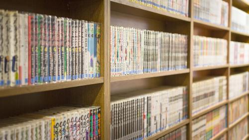 a book shelf filled with lots of books at Hotel Castle Plaza Tagajo in Tagajo