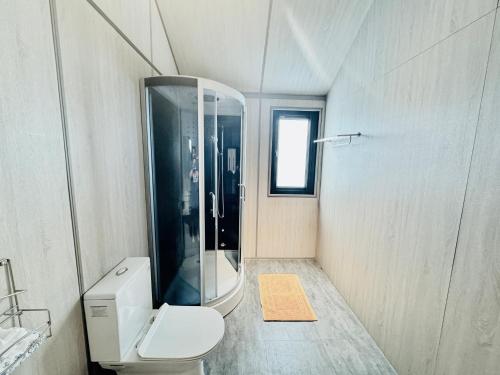 a bathroom with a toilet and a glass shower at Koppie Inn in Xiaoliuqiu