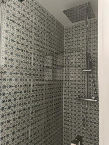 a shower in a bathroom with a tiled wall at L exotique in Marlieux