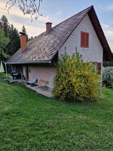a white house with a dog sitting in front of it at Natur- & Erlebnis Ferienhaus in Voitsberg