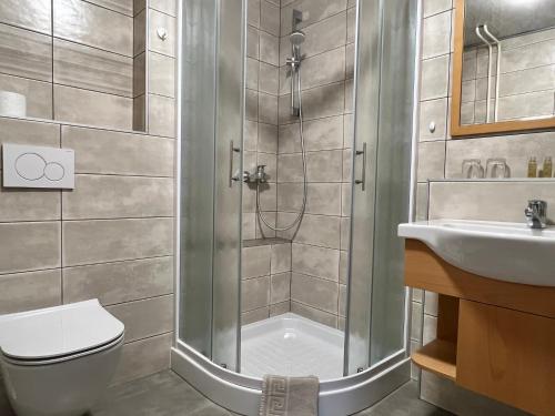 La salle de bains est pourvue d'une douche, de toilettes et d'un lavabo. dans l'établissement Mini Hotel, à Škofja Loka