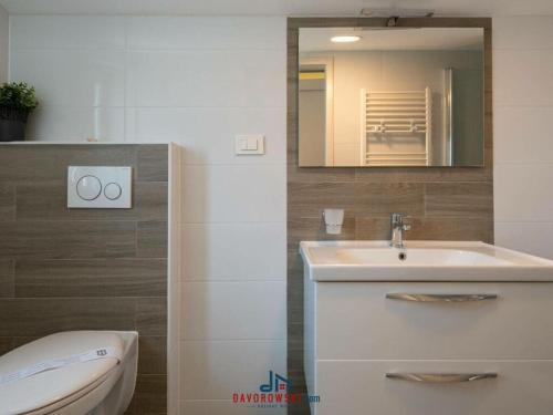 een badkamer met een wastafel, een toilet en een spiegel bij Nicole Comfortable holiday residence in Pula