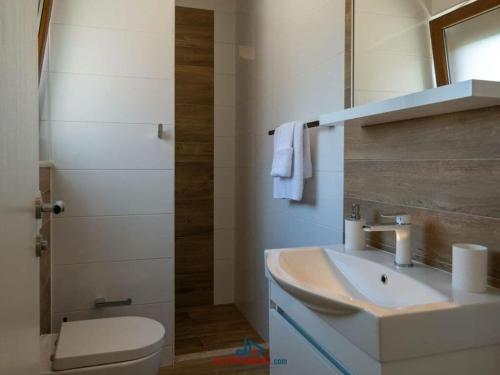 La salle de bains est pourvue d'un lavabo blanc et de toilettes. dans l'établissement Artist Comfortable holiday residence, à Poreč