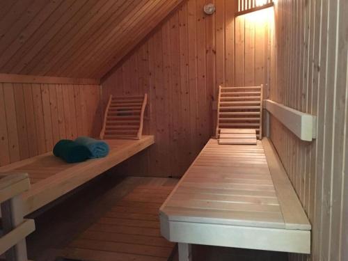 a sauna with two wooden benches in a cabin at Villa Zeezicht Modern retreat in Makkum