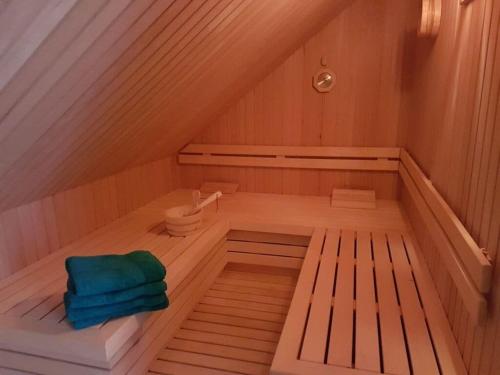 een sauna met twee handdoeken en een toilet. bij Villa Sonnenschein in Makkum