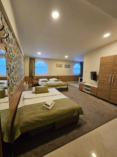 a hotel room with two beds and a television at Apartments Alf - Om in Banja Luka