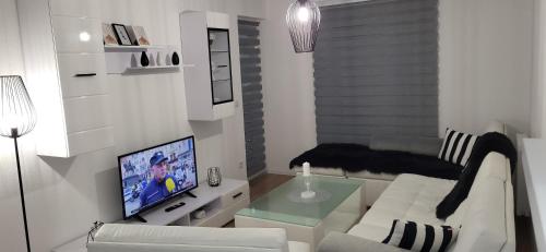 a living room with a white couch and a television at Comfort in Kiseljak