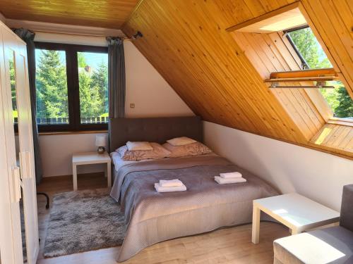 ein Schlafzimmer mit einem Bett und zwei Fenstern in der Unterkunft Forest House in Lubomierz