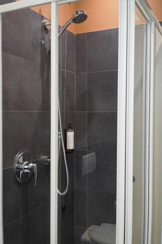 a bathroom with a shower with a glass door at Hotel Arya by Mauro in Sirmione