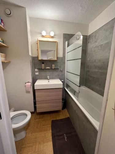 une salle de bain avec des toilettes blanches et un lavabo dans l'établissement Studio au pied des pistes, à Demi-Quartier