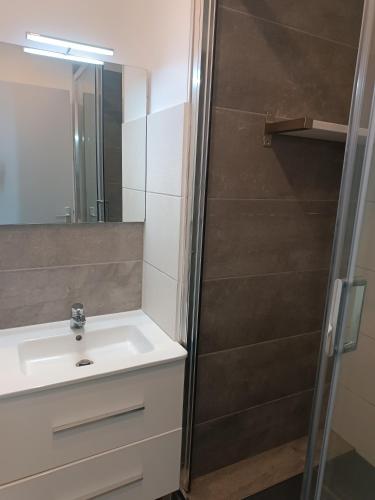 une salle de bain avec un lavabo et une douche dans l'établissement Appartement cosy en résidence, avec parking, à Saint-Hilaire-de-Riez