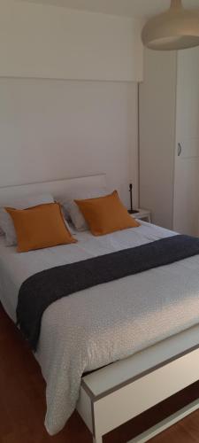1 dormitorio con 1 cama grande con almohadas de color naranja en appartement climatisé avec terrasse au coeur de Nyons, en Nyons