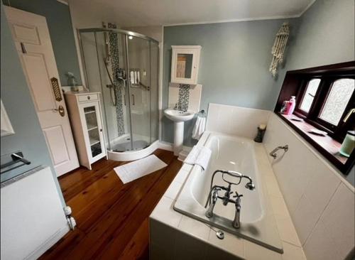 uma casa de banho com um lavatório, um chuveiro e uma banheira em Cosy cottage in peaceful location em Swansea