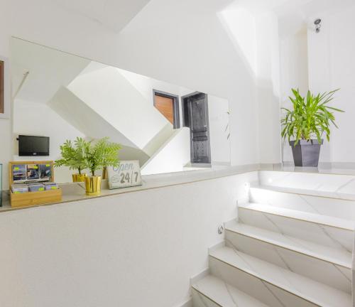 uma escada branca numa casa com vasos de plantas em Apartments Lido em Ohrid