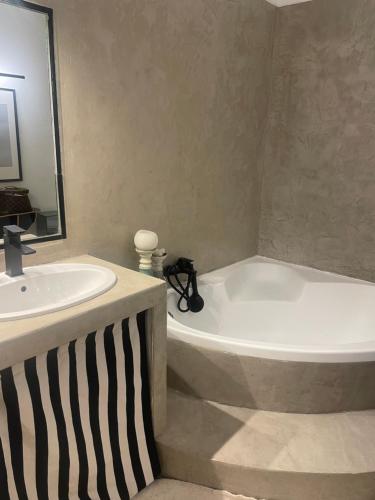 une salle de bain avec une baignoire blanche et un lavabo dans l'établissement Appartement le Raphaël, à Villeneuve-lès-Avignon