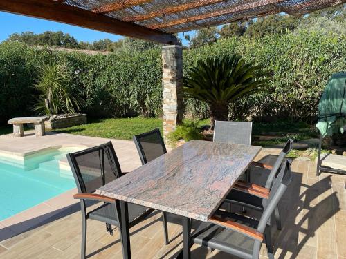 una mesa y sillas en un patio junto a la piscina en Chez Liselotte en Borgo