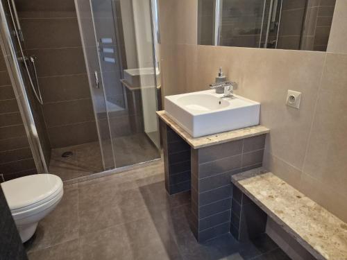 a bathroom with a sink and a shower and a toilet at APARTAMENT NA POLNEJ in Ustka