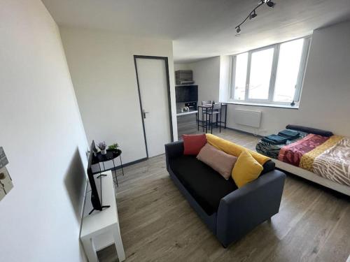un salon avec un canapé et un lit dans l'établissement Studio Cosy 3 proche gare, à Saint-Quentin