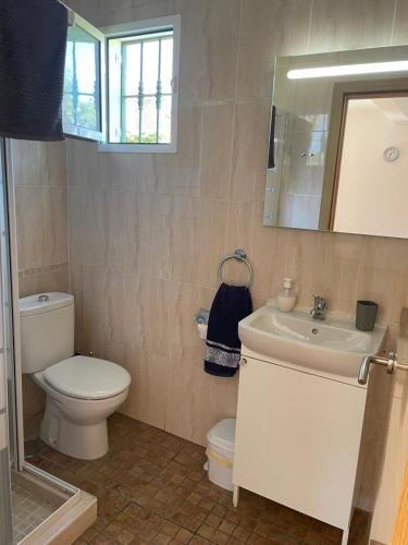 ein Badezimmer mit einem WC, einem Waschbecken und einem Spiegel in der Unterkunft Villa Vanessa in Alhaurín de la Torre