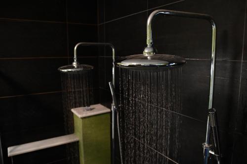 a shower in a black tiled bathroom at Terra Nova Luxury Villa in Mystras