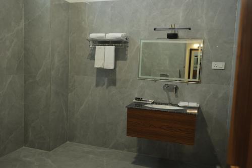 een badkamer met een wastafel en een spiegel bij The City Crown Bilaspur in Bilāspur