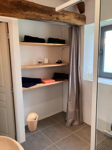 une salle de bain avec des étagères et un rideau de douche dans l'établissement Périgourdine avec spa et vue, à Pomport
