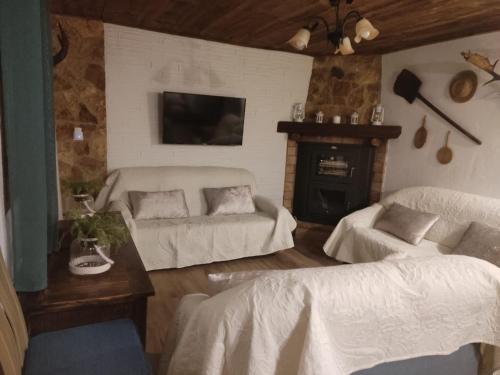 a living room with two beds and a fireplace at ENTRESIERRAS Apartamentos rurales con chimenea, barbacoa y espacio para eventos in Cazorla